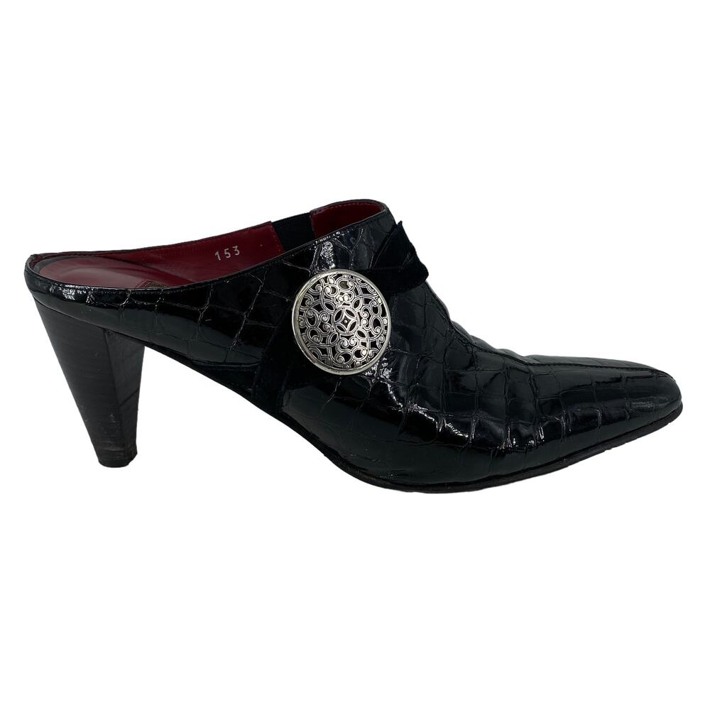BRIGHTON 8M Romeo 8 Black Patent Leather Mule Silver Medallion Italy 3.5" Heel
